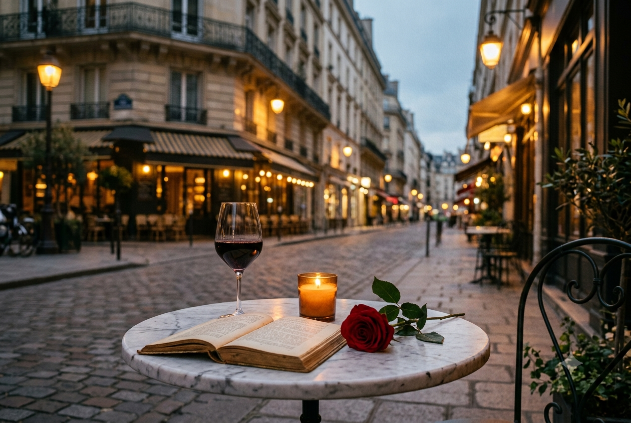 5 French thrillers to read — Parisian cafe terrace with book and red wine on Reads & Whispers